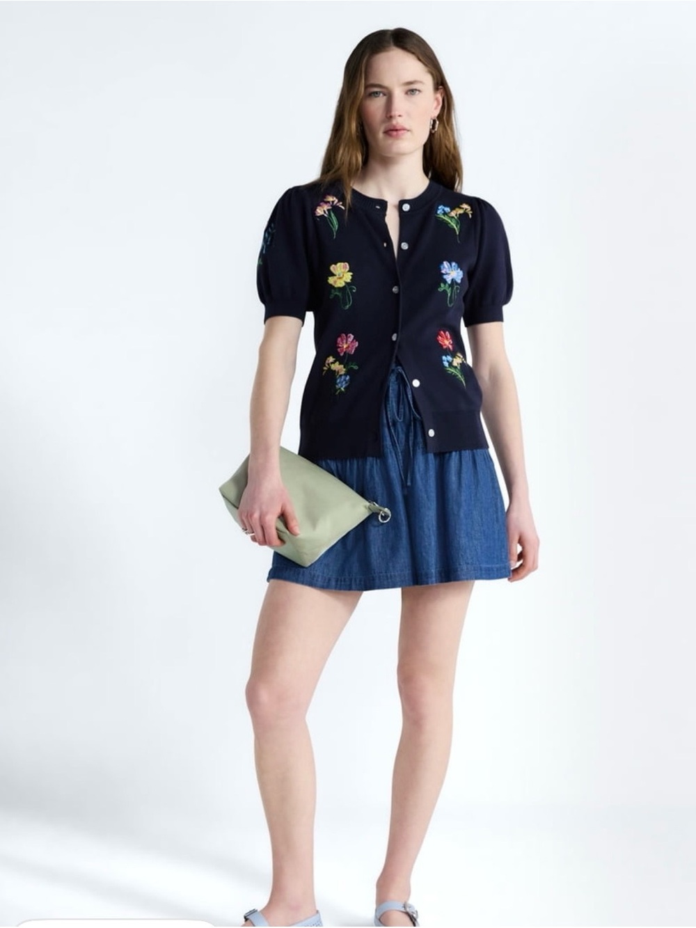 Navy Floral Embroidered Short-Sleeve Cardigan Sweater